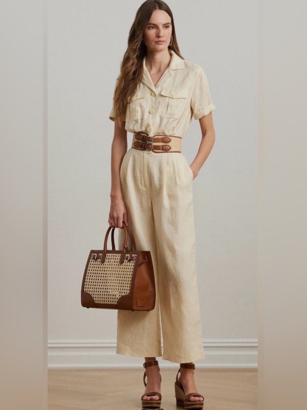 Lauren Ralph Lauren Floral Embroidered Linen Utility Jumpsuit Size 8 NEW